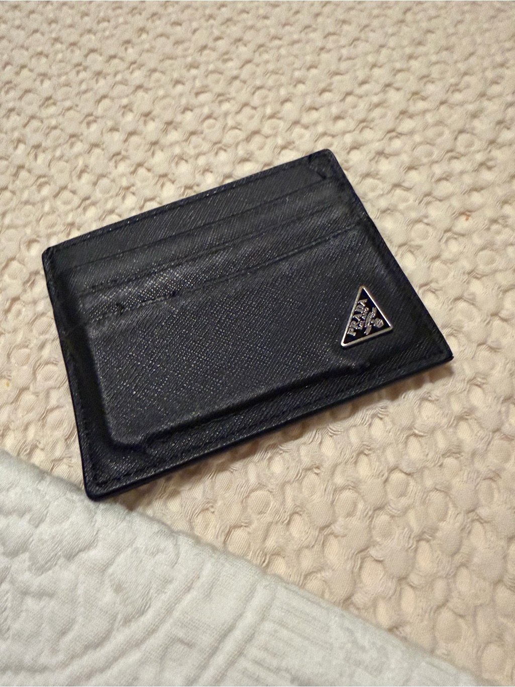 Prada Black Saffiano Card Case With Silver Triangle Logo